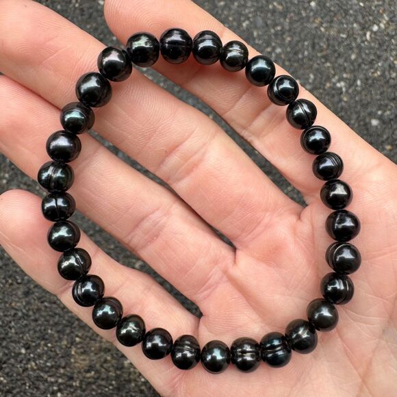 Vintage Honora Black Freshwater Pearl Stretch Bracelet, Round Ringed Iridescent - Picture 5 of 10